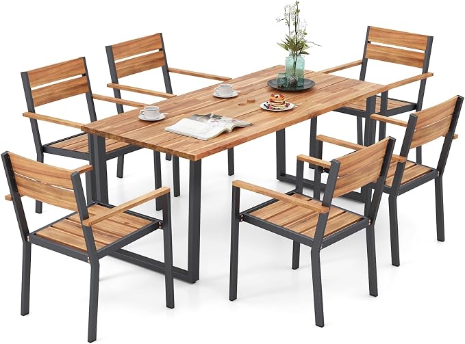 RELAX4LIFE 7-Piece Outdoor Dining Set - 63’’ Rectangular Acacia Wood Table w/6 Stackable Chairs & Metal Frame, Patio Furniture Set with Umbrella Hole for Garden Porch, Patio Table and Chairs Set for 6