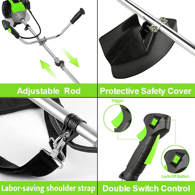58CC Weed Wacker, Gas Powered 4 in 1 String Trimmer, 2-Cycle Brush Cutter with Straight Shaft for Lawn and Garden Care Trimming (Green)