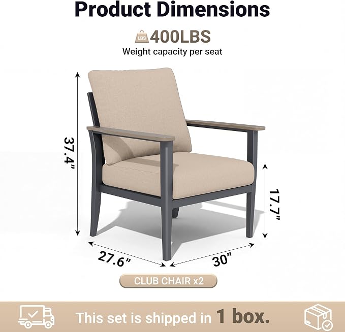 Aluminum Patio Chairs Set of 2, Modern Outdoor Armchairs with Wood-Like Armrests & 5.1" Thick Cushions, Wide Seat Balcony Furniture for Porch, Deck, Khaki