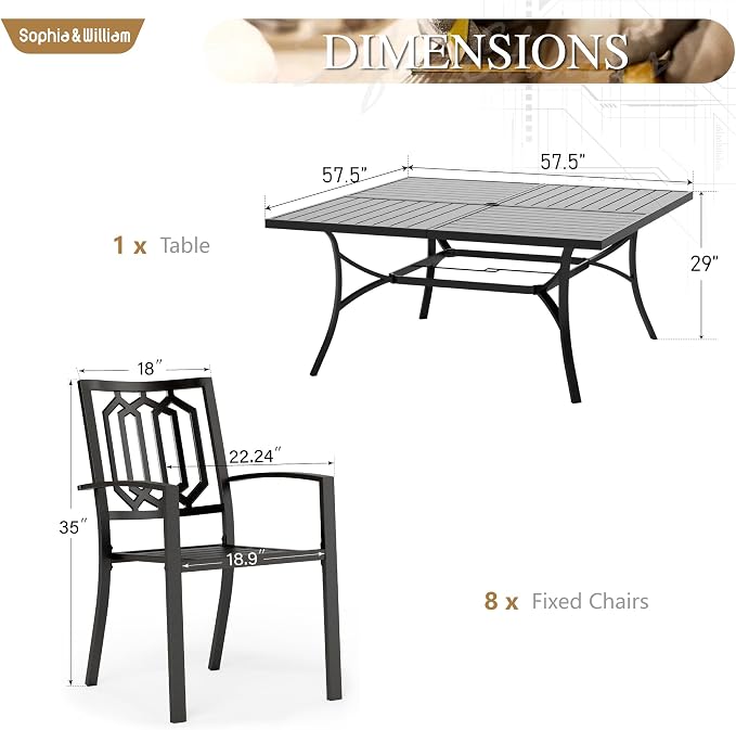 Sophia & William Patio Table and Chairs Set, Outdoor Dining Set for 8, 9 Piece Metal Patio Furniture, 60" Black Square Table(Geometry)