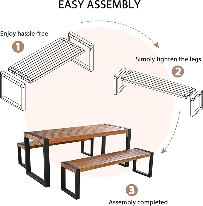 3 PC Outdoor Dining Set with 2 Benches Acacia Wood Tabletop & Steel Frame | All-Weather Patio Furniture for Backyard, Garden, or Indoor Use, Natural