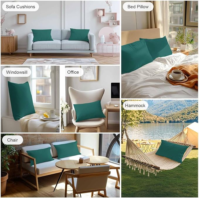 Lumbar Pillow Covers 20x12 Inch Set of 2, Dark Green Waterproof Outdoor Cushion Covers, Modern Pure Dark Green Decorative Pillowcases for Couch, Sofa, Bed, Garden, Patio