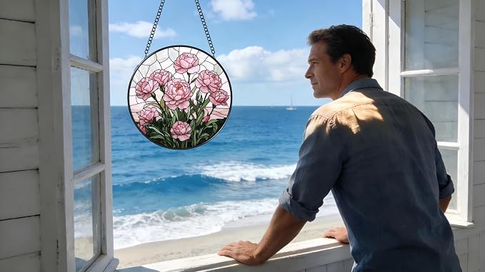 Stained Glass Window Hanging - Blooming Pink Peonies 6.3 Inches Suncatcher for Garden Home Decor for Women Mom Grandma Friends