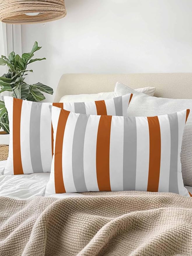 Outdoor Pillows Waterproof, Burnt Orange Gray Striped Bedding Throw Pillows with Insert for Couch Sofa Bed, Farmhouse Stripe Art 12x20 Inch Pillowcases Camping Patio Pillow Set of 2