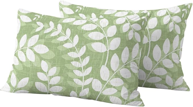 Olive Green Leaves Outdoor Waterproof Throw Pillow Covers 20x12 Set of 2, Farmhouse Botanical Branch Vintage Boho Decorative Pillowcases Cushion Pillowcase for Couch Sofa Patio Pillow Protector