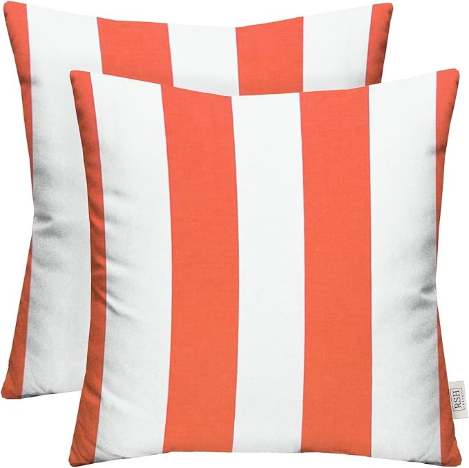 RSH DECOR Square Throw Pillows Set of 2, 17x17 Inch Decorative Pillows for Couch, Water-Resistant Patio Furniture Pillows, All-Weather Spun Fabric, Coral & White Stripe - Made in USA