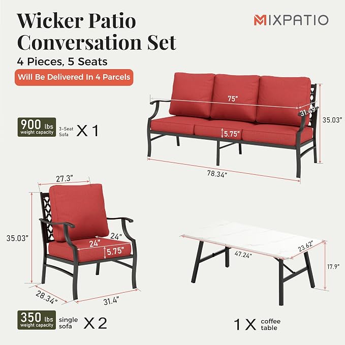 MIXPATIO Patio Furniture Set 4 pcs, Metal Outdoor Patio Furniture, 3-Seat Sofa, 2 Single Chairs, Coffee Table and 5.75" Extra Thick Cushion, Conversation Set for Backyard Deck, Red