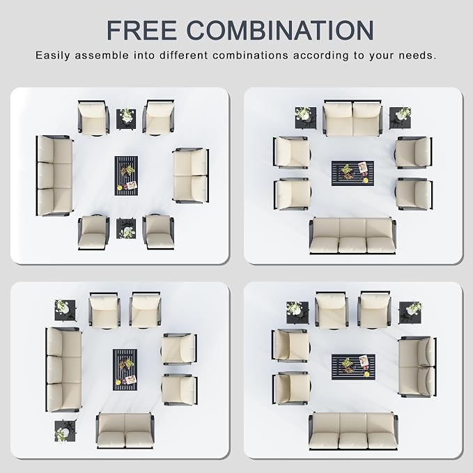 9-Piece Outdoor Patio Conversation Sets, Rope Outdoor Furniture Set Metal 3-Seater Couch, 4 Swivel Rockers with 2 Side Tables, Loveseat Sofa with Coffee Table for Backyard Deck Porch Poolside, Beige
