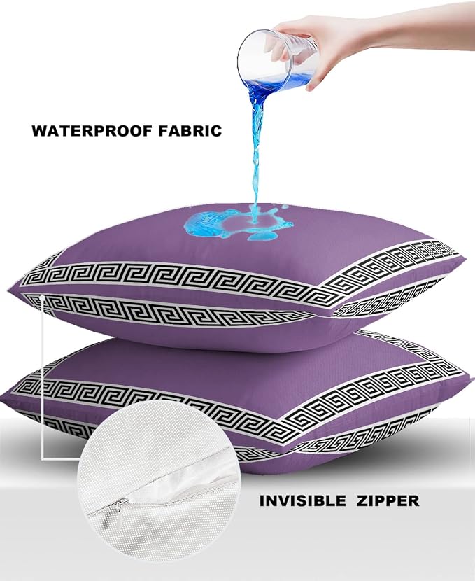 Prime Leader Outdoor Waterproof Pillow Covers Set of 2, Chinese Style Pattern Purple Background Patio Throw Pillow Covers, Decorative Cushion Case for Couch Sofa Furniture Garden, 16x16 Inch