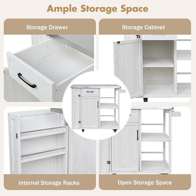 Outdoor Deck Box with Stainless Steel Worktop, White Fir Wood Patio Storage Cabinet for Garden Tools and Pool Accessories, Weather-Resistant Storage for Patio & Deck, 40.5 x 18.5 x 35.6 Inches, White