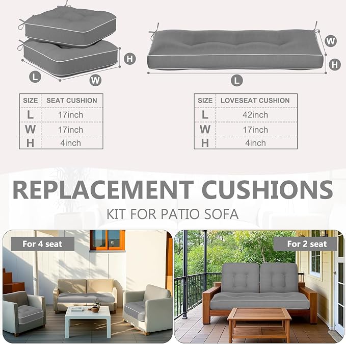 Wenqik 42 x 17 x 3.7 Inch Outdoor Bench Cushion Set of 3 Waterproof Tufted 1 Patio Loveseat Cushions and 2 Square Chair Seat Pad for Outdoor Furniture Couch Swing Sofa Wicker Settee(Gray)