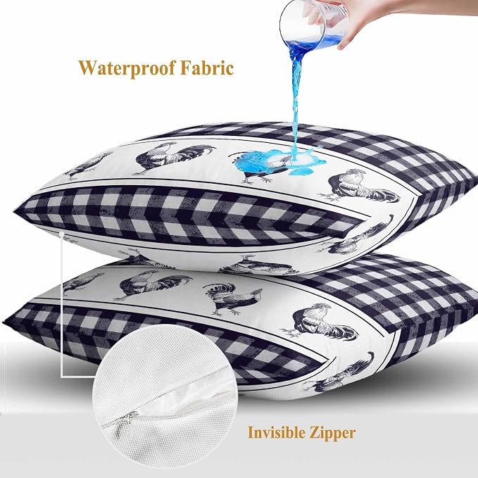 Outdoor Waterproof Throw Pillow Covers Set of 2 Chicken Cock Rooster Pillowcases 18x18 Inches Farmhouse Animal Purple Buffalo Plaid Decorative Pillows Cushion Case Patio Pillows for Couch Bed Chair