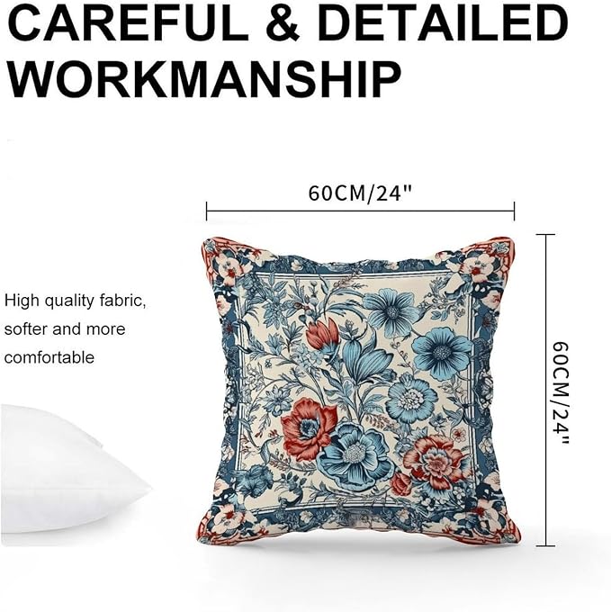 Chinoiserie Tree Peony Bird Pillow Cover Floral Coral Turquoise Navy Pillow Covers 24x24 INRetro Accent Modern Decorative Pillow Covers for Couch Sofa Patio