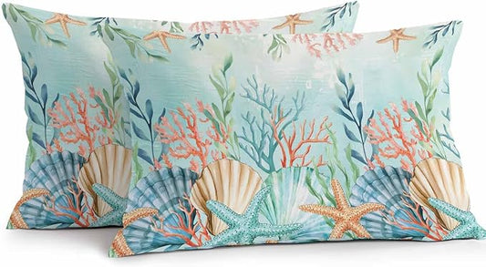 Lumbar Pillow Covers 20x12 Inch Set of 2, Ocean Starfish Seaweed Waterproof Outdoor Pillow Covers, Summer Coastal Beach Shell Coral Teal Decorative Cushion Pillowcases for Couch, Sofa, Bed, Patio