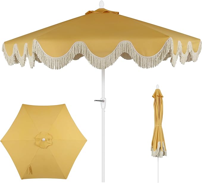 JONATHAN Y UMB1001 Collins 9 ft. Classic Cottage Tassel Market Patio Umbrella with Auto-Tilt, Crank, Wind Vent and UV Protection