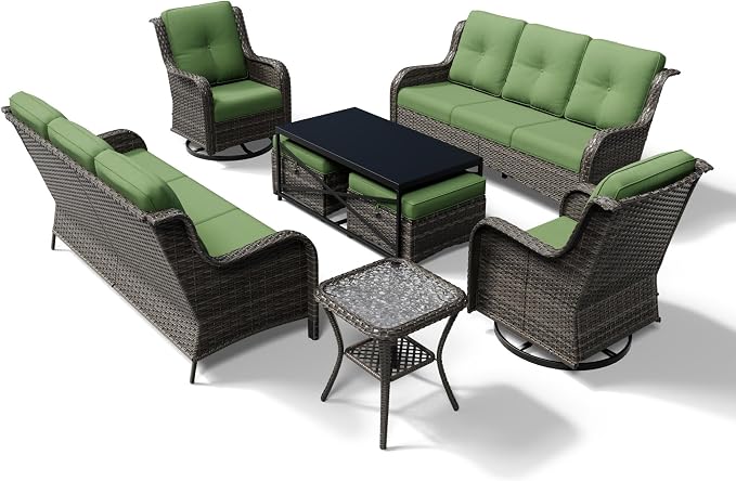 Joyside 8 Piece Wicker Patio Furniture Set, Outdoor Swivel Rocker Patio Chairs with High Back, Deep Seating, Wide Armrest, Thickened Cushions, Outdoor Furniture for Deck, Porch Use