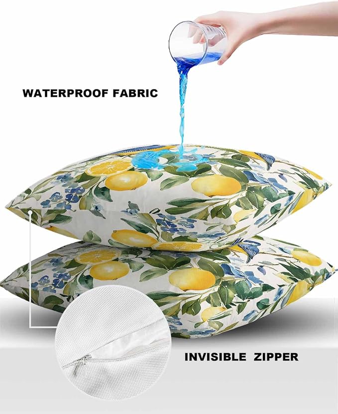 Outdoor Throw Pillow Covers Waterproof Pillow Cases 24x24In, Watercolor Lemon Bird Decorative Pillow Covers Cushion Cases for Couch Sofa Patio Garden,2 Pack Vintage Spring Blue Flower Foliage