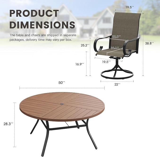 7 Pieces Patio Dining Set, 6 Outdoor Swivel Dining Chairs with 50.1" Round Metal Outdoor Dining Table with Umbrella Hole for Garden Backyard Deck, Mixed Brown & Walnut