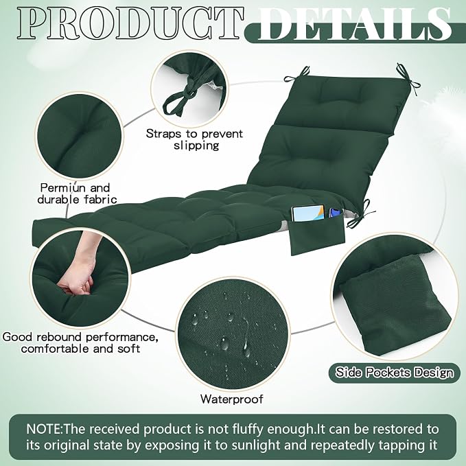 Kigley 2 Pcs Outdoor Chaise Lounge Cushions with 3 Side Pocket 74.5 x 22 x 4.7 Inch Patio Chaise Lounge Cushion, Water-Repellent and Fade-Resistant Tufted Summer Replacement(Dark Green)