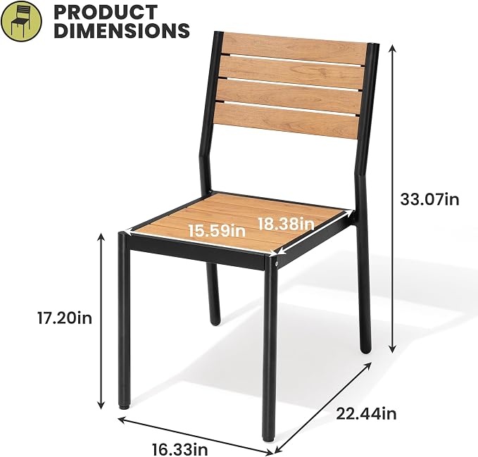 Crestlive Products Stackable Outdoor Dining Chairs Set of 2, All Weather Armless Patio Chairs with Aluminum Frame Woodgrain Seat and Back for Lawn Garden Backyard Deck Porch Yard, Brown