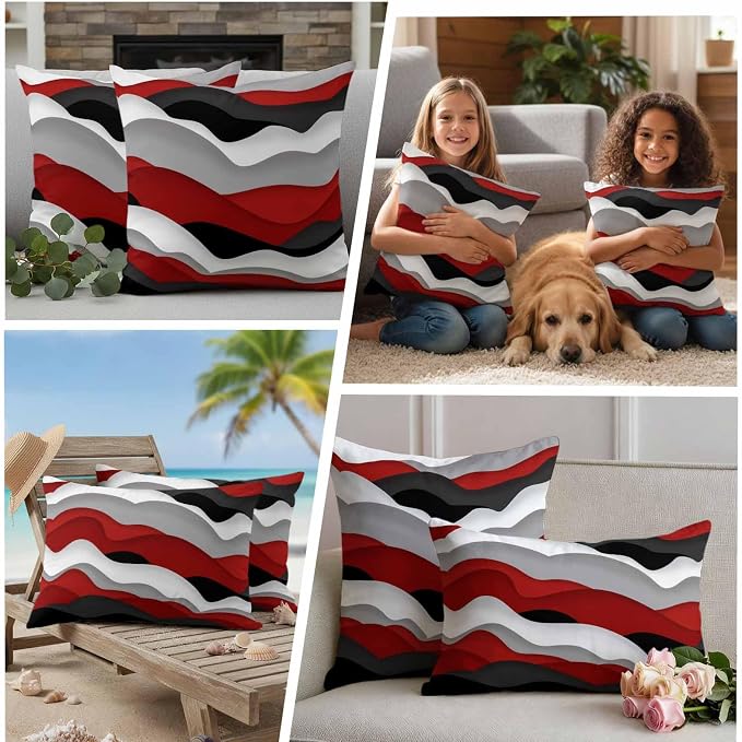 Ocean Waves Outdoor Waterproof Throw Pillow Covers Set of 2, 20"x12", Black Red Wave Gradient Decorative Pillow Covers Outside Cushion Case for Patio Porch Garden