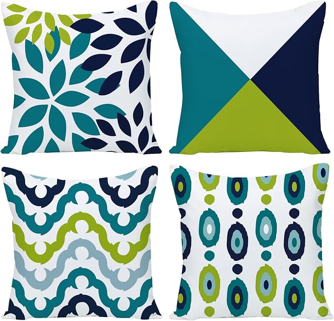 Decorative Green Blue Abstract Throw Pillow Covers 18 x 18 Inch Set of 4, Geometric Cotton Linen Outdoor Cushion Cover Square Pillowcase for Car Sofa Couch Home Decor