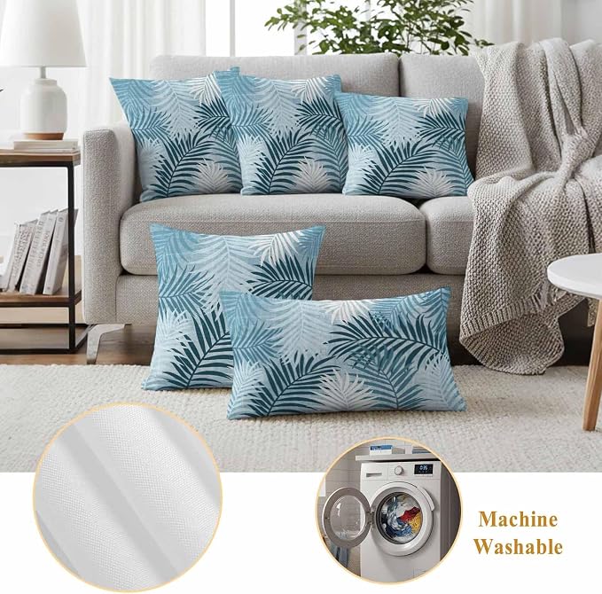 Teal Palm Leaves Waterproof Outdoor Pillow Covers Set of 2 Home Decor, Summer Tropical Leaf Plant Lumbar Pillowcase Patio Pillow Covers for Couch Bench Patio Furniture Garden 20x20in