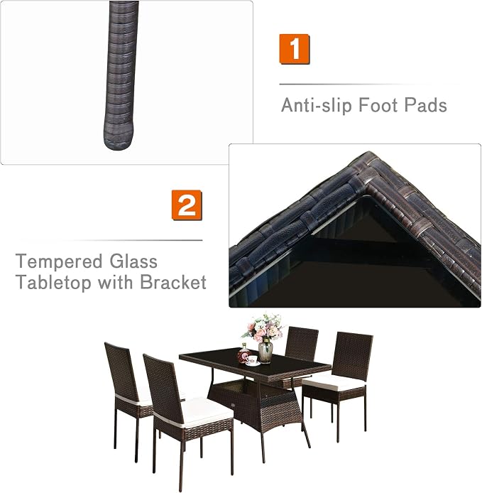RELAX4LIFE 5-Piece Rattan Dining Set - Outdoor Wicker Table & Chair Set w/Tempered Glass Tabletop, Removable Cushions, Modern Dining Furniture Set for Backyard, Porch