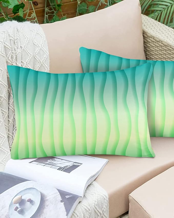 Outdoor Waterproof Pillow Covers Set of 2, Summer Abstract Geometric Gradient Turquoise Ocean Wave Patio Throw Pillow Covers, Decorative Cushion Case for Couch Sofa Furniture Garden, 20x12 Inch