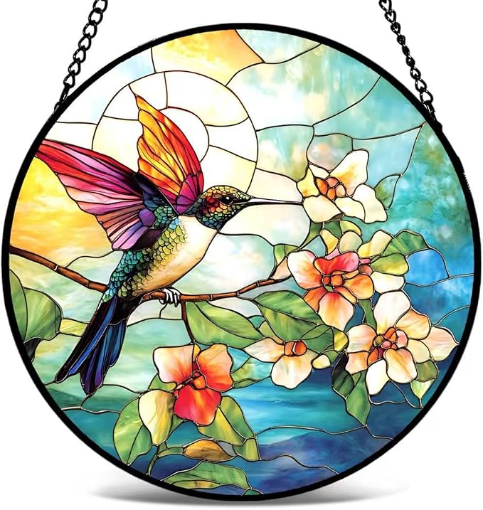 Stained Glass Window Hanging - Colorful Hummingbird Stand on Branches Covered in Flowers 6.3 Inches Suncatcher for Garden Home Decor for Women Mom Grandma Friends