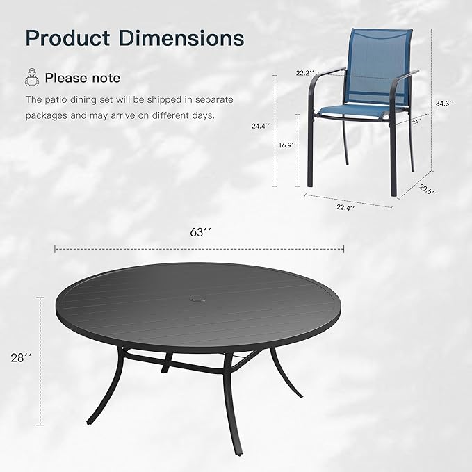 VICLLAX 11 Pieces Patio Outdoor Dining Set, 63" Round Metal Table with Umbrella Hole and 10 Stackable Textilene Chairs for Patio, Lawn, Garden, Porch, Black/Dark Blue