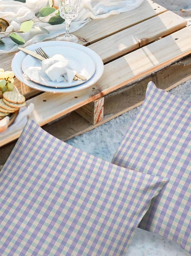 Outdoor Waterproof Throw Pillow Covers Set of 2 Purple Buffalo Plaid Pillowcases 16x16 Inches Linen Classic Checked Patio Decorative Pillows Cushion Case Patio Pillows for Couch Bed Chair Garden