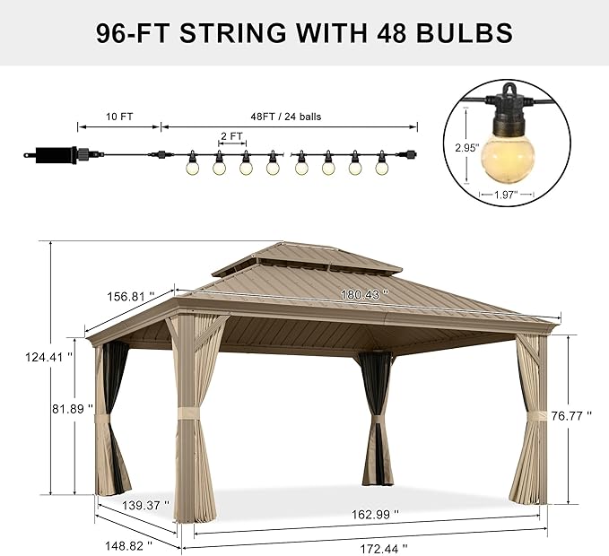 PURPLE LEAF Outdoor Gazebo 13'X15'，Champagne Hardtop Gazebo with Galvanized Steel Double Roof, Permanent Patio Gazebo with Curtains and Netting for Patio Lawn Garden and Deck