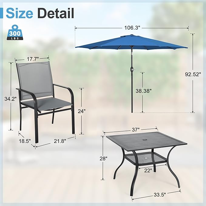 Crownland 5 Piece Patio Dining Set, Outdoor Textilene Dining Sets, 4 Textilene Metal Chairs and Square Outdoor Dining Table with Dark Blue 9FT Round Outdoor Umbrella (Grey)