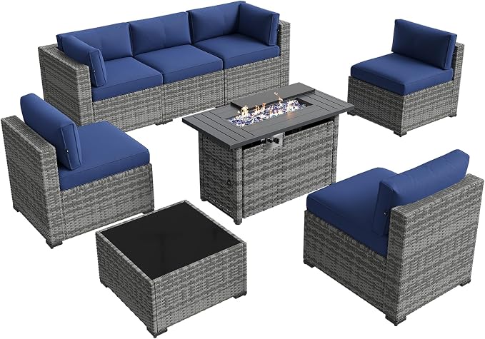 Aoxun Patio Furniture Sets, 8-Piece Outdoor Patio Furniture with 44'' Propane Gas Firepit Table, Wicker Outdoor Conversation Set Sectional Sofa for Backyard, Poolside, Garden