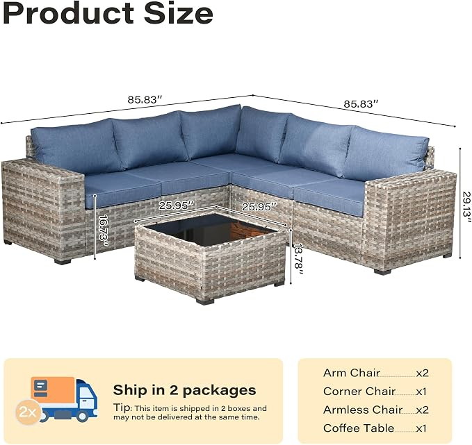 6 Pieces Patio Furniture Set,Wicker Outdoor Sectional Sofa with Coffee Table Comfy Cushions,Modern Modular Deep Seat Rattan Couch Conversation Set for Backyard Porch Yard,Denim Blue