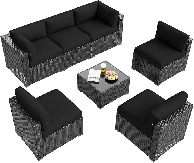 Aoxun Patio Furniture Set, 7 Piece Outdoor Sectional Sofas with Waterprool Cover, Wicker Rattan Outdoor Furniture Patio Conversation Set for Backyard, Garden Black
