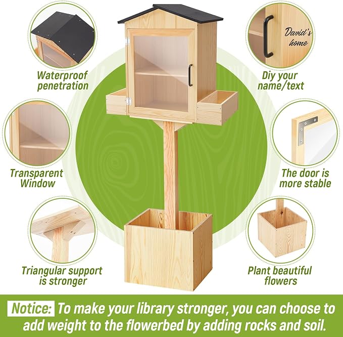 Wonderjune Little Library Box Outdoor Weatherproof Free Library Box Storage with Floor Plugs and Small Flower Fence for Diy, Neighborhoods, Community, Schools Sharing Books, Newspapers