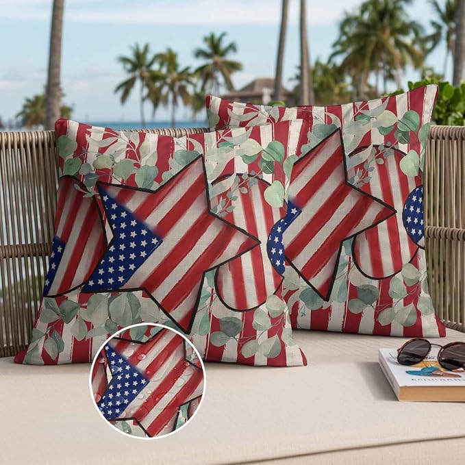 Stars Stripes Flag Waterproof Outdoor Pillow Covers Set of 2 Home Decor, Independence Day Eucalyptus Leaf Pillowcase Patio Pillow Covers for Couch Bench Furniture Garden 26x26in