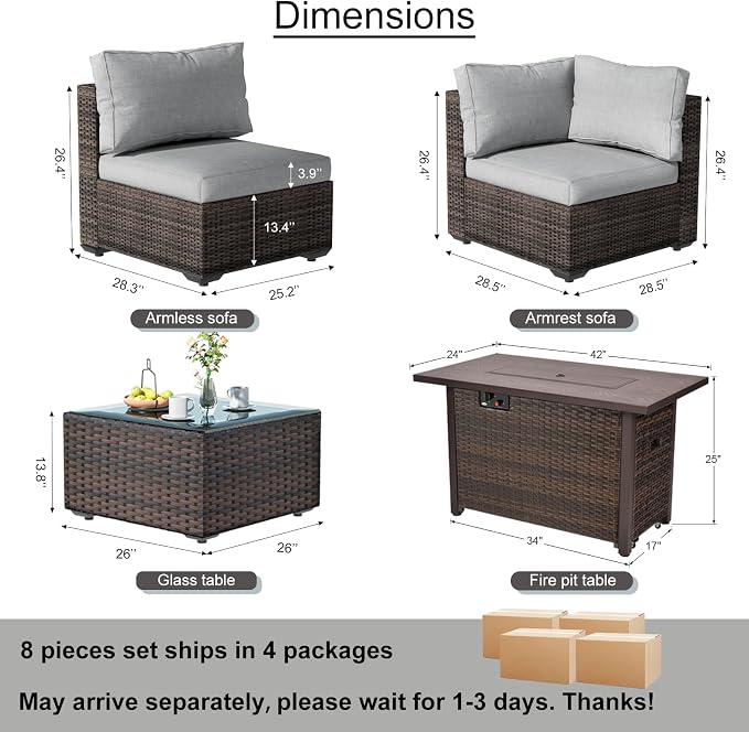 Patio Furniture Set, 8 PCS Outdoor Sectional Patio Furniture Set with 42" Fire Pit Table, Rattan Wicker Sofa Couch for Garden Backyard Deck Poolside, Grey