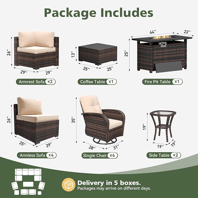 Aoxun 14 Piece Outdoor Patio Furniture Set with 44'' Fire Pit Table, Wicker Rattan Outdoor Furniture with High Back Swivel Rocker Chairs, Outdoor Conversation Set with Thick Cushion, Beige
