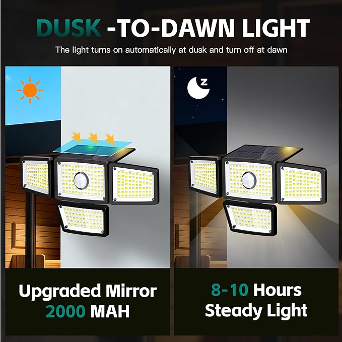 Solar Outdoor Motion Sensor Light, 4-Head 283 LED Solar Flood Light 3000LM 6500K, IP65 Waterproof Security Wall Lamp with Wide 270° Lighting Angle, Solar Powered Motion Sensor Lights(1Pack)