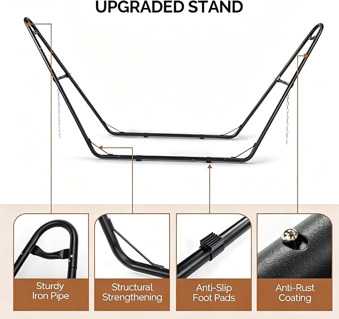Hammock with Stand, Double Hammock with Stand for 2 Person, Outdoor Furniture, Holds 550lbs, Include Dual-Spreader Bar, Pillow, 124"x40"x52.25", Easy Setup, Free Standing hammocks for Outside, Grey