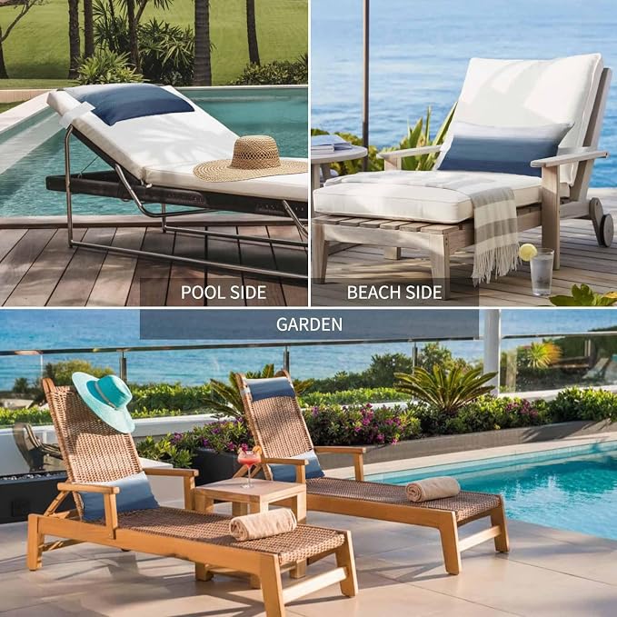 Navy Blue Ombre Outdoor Pillows for Chaise Lounge Chair Beach Headrest Pillow Set of 2 Lumbar Pillows with Insert&Adjustable Elastic Strap Modern Abstract Art Texture Neck Pillow for Pool 12"x20"