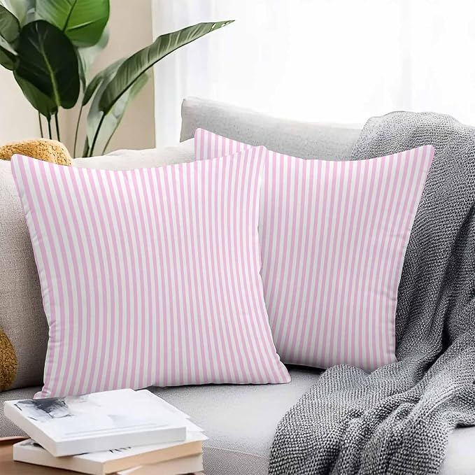 Throw Pillow Covers 24x24 Inch Set of 2, Pink White Stripe Waterproof Outdoor Cushion Covers, Modern Minimalist Geometric Striped Decorative Pillowcases for Couch, Sofa, Bed, Garden, Patio
