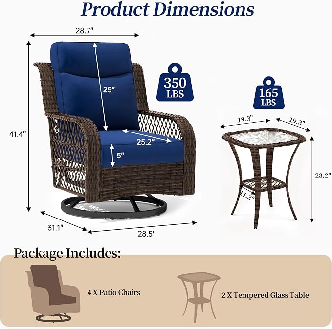 PIZZELLO Outdoor Swivel Chairs 6 Piece Wicker Rocking Chairs Set Patio Furniture Set with Rattan Side Table Rocker Bistro Sets for Outside Porch Backyard (5" Thick Cushions and 25" Full Support Back)