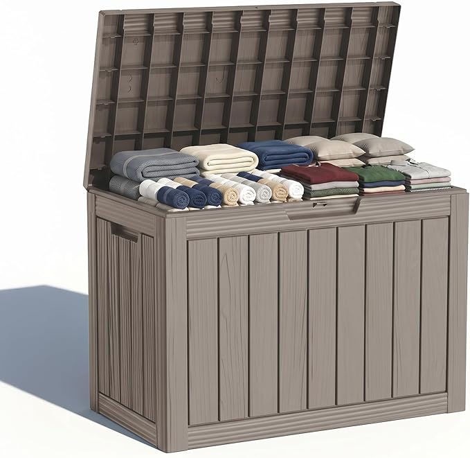 Waterproof Outdoor Storage Box Outside Deck Box Lockable Resin Bench UV Resistant Furniture Cushion Pool Tool Float Bin Patio Garden Porch (Grey, 50 Gallon)