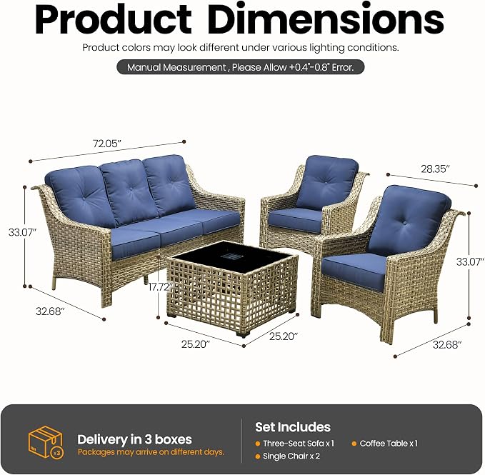 4 PCS Patio Conversation Set, All-Weather High Back Wicker Outdoor Patio Furniture Sets with Two Single Chairs, Solar Light Coffee Table,Outside Furniture for Porch Backyard Balcony,Navy Blue