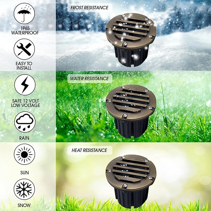 LED Low Voltage Landscape Lighting Well Lights 112 - Solid Brass In Ground Lights for Outside, Long Lasting Home and Garden 12 Volt Landscape Lighting with MR16 7W LED Bulb, Ground Spake & Connectors