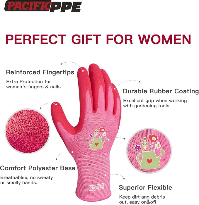 PACIFIC PPE 3 Pairs Gardening Gloves for women, Rubber Coated Garden Gloves, Ladies Yard Work Gloves, Breathable, Purple & Yellow & Red, Small
